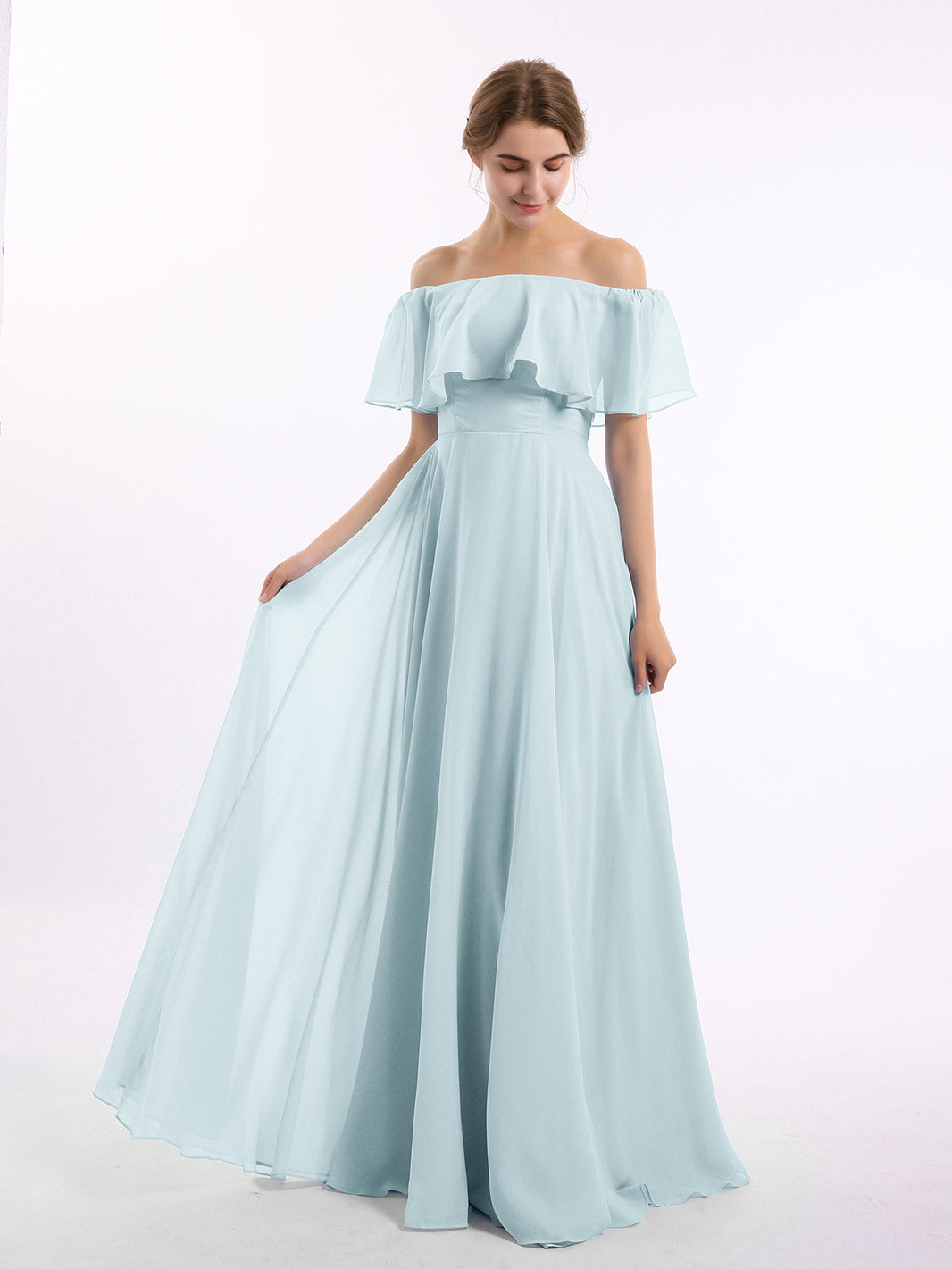 hazel bridesmaid dress BABARONI Chiffon Mist Dresses Off-the-shoulder Floor-length Short Pleated A-line, Mist / US0 Color:Dew Drop