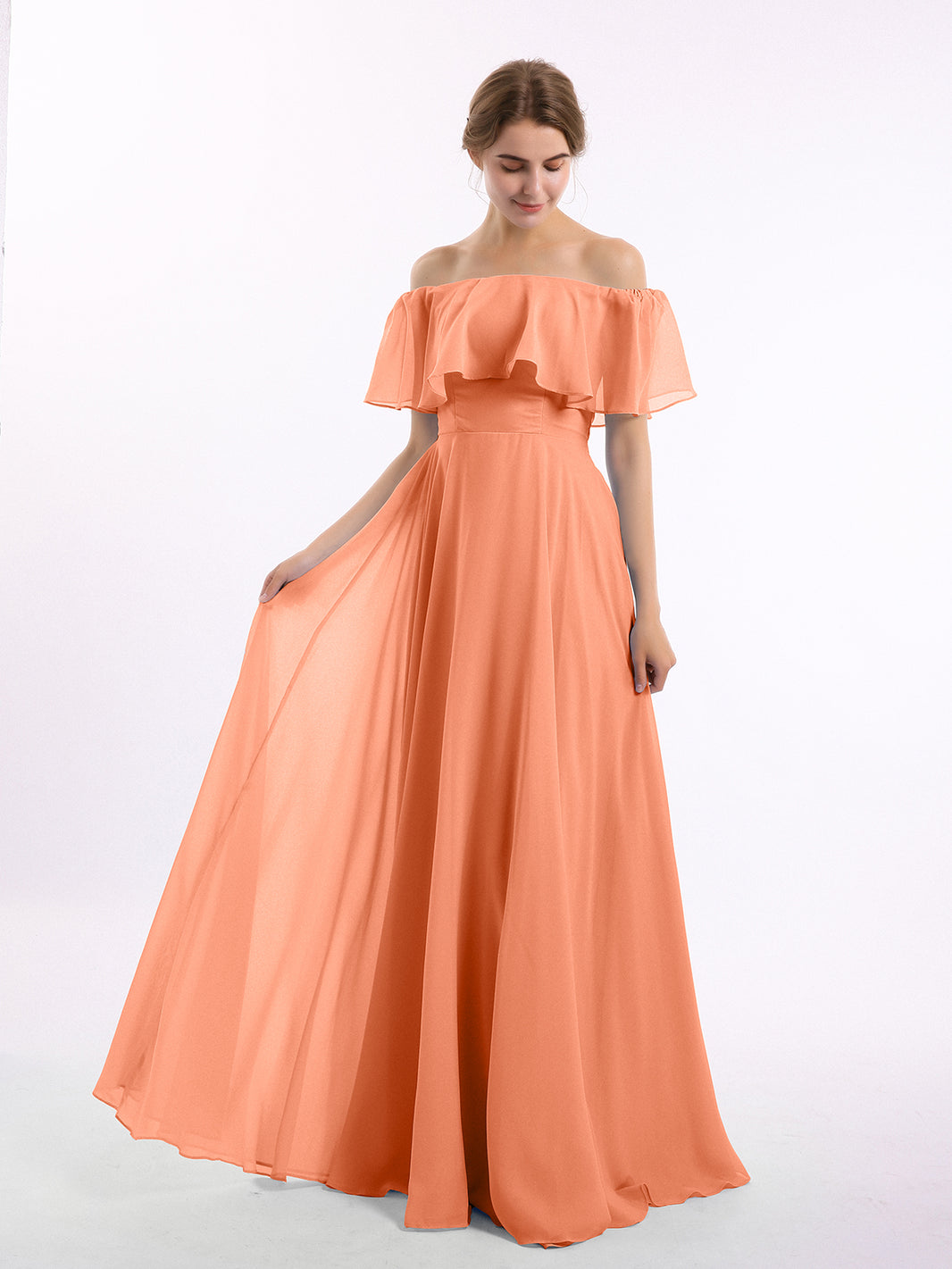 BABARONI Off the Shoulder Chiffon Full Length Dress-Papaya, Papaya / US0