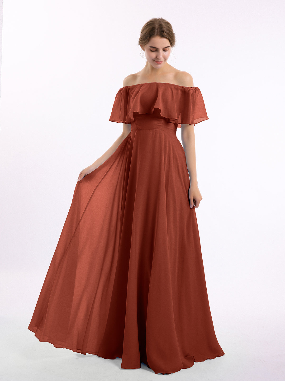 Off the Shoulder Chiffon Full Length Dress-Rust-Hazel | BABARONI