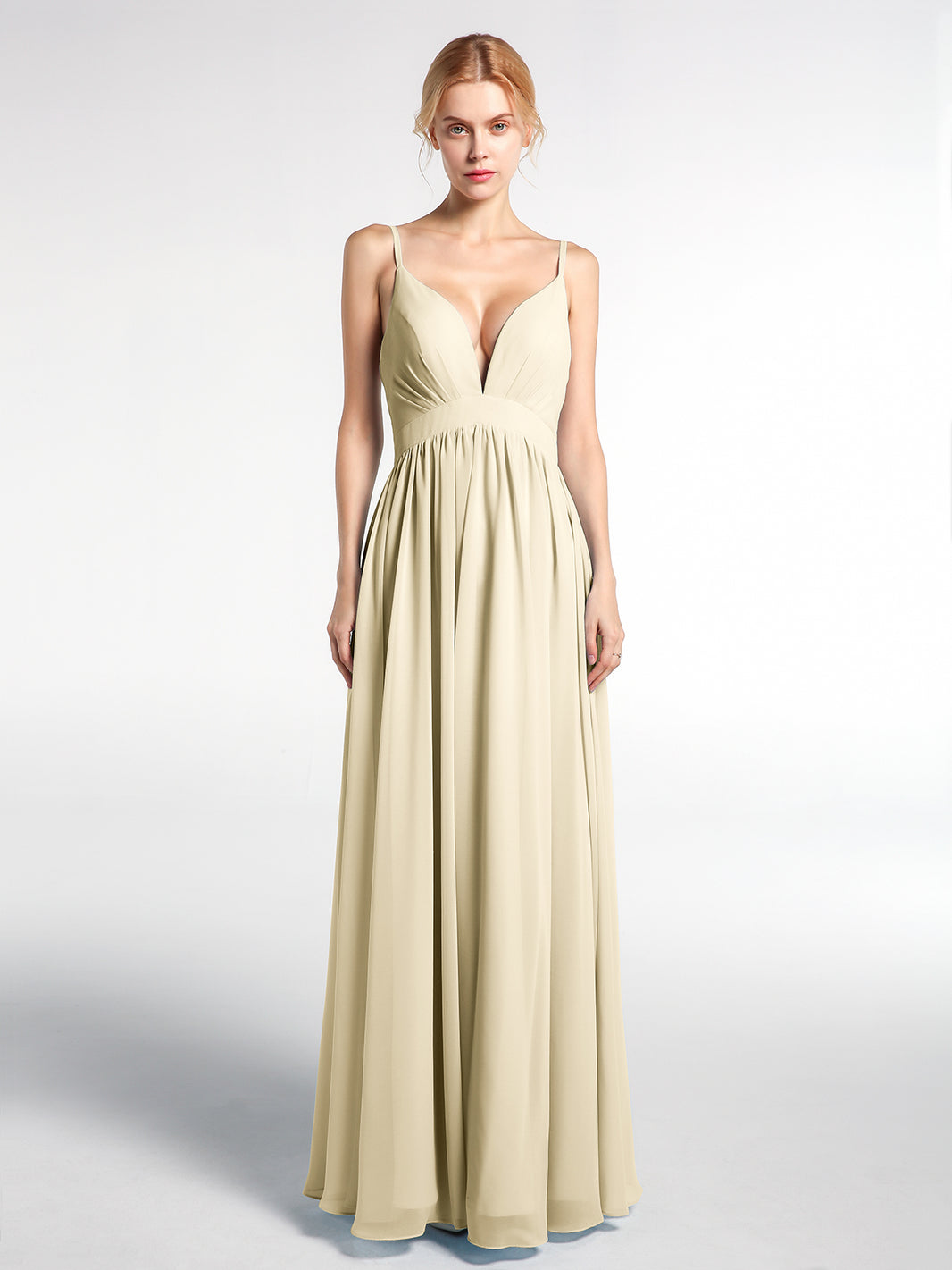 empire waist champagne dress BABARONI Deep V-neck Empire Waist Chiffon Long Dress-Champagne, Champagne / US0
