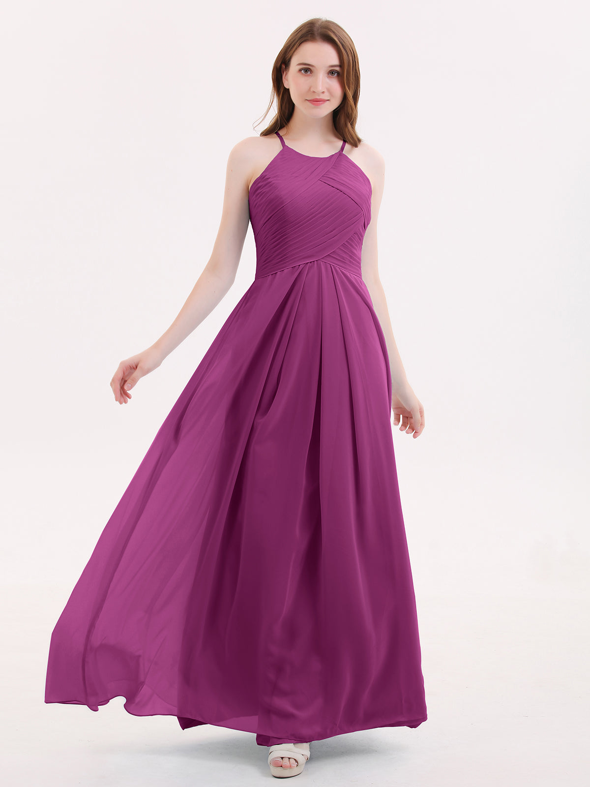 BABARONI BABARONI Chiffon Orchid Bridesmaid Dresses Halter Floor-length Sleeveless Pleated A-line, Orchid / US18