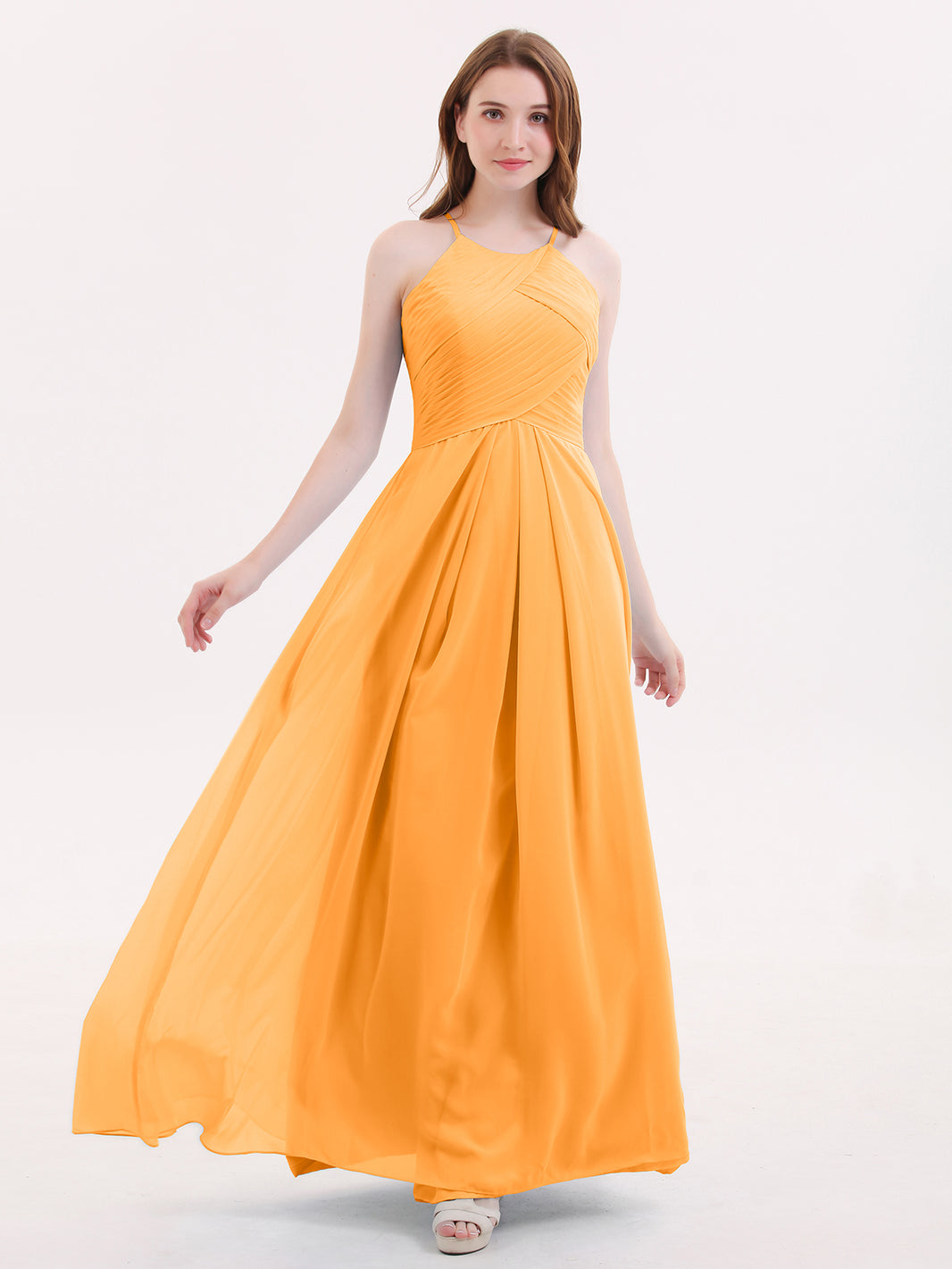 tangerine dresses bridesmaid BABARONI BABARONI Chiffon Tangerine Bridesmaid Dresses Halter Floor-length Sleeveless Pleated A-line, Tangerine / US0
