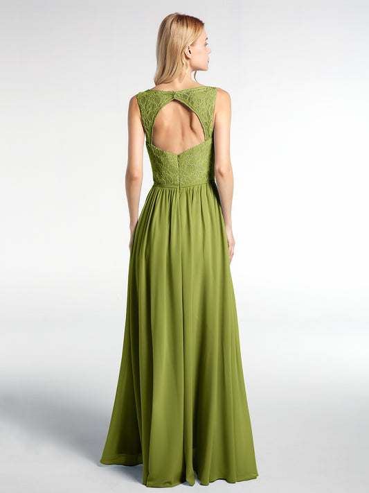 Lace Bodice Chiffon Skirt V-neck Maxi Dress Green