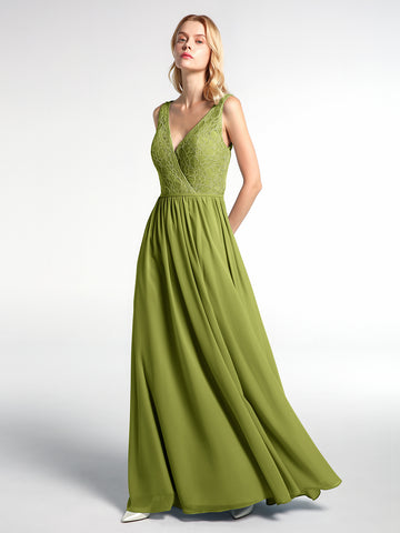 Lace Top Chiffon Skirt Maxi V-neck Dress Taupe