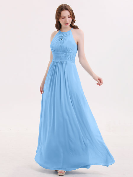 Halter Long Chiffon Dress with Pleated Waist-Blue Halter Long Chiffon Dress with Pleated Waist-Blue