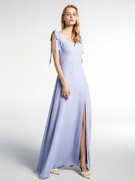 BABARONI Chiffon Lavender Bridesmaid Dresses V-neck Floor-length Straps Bow  with Slit A-line