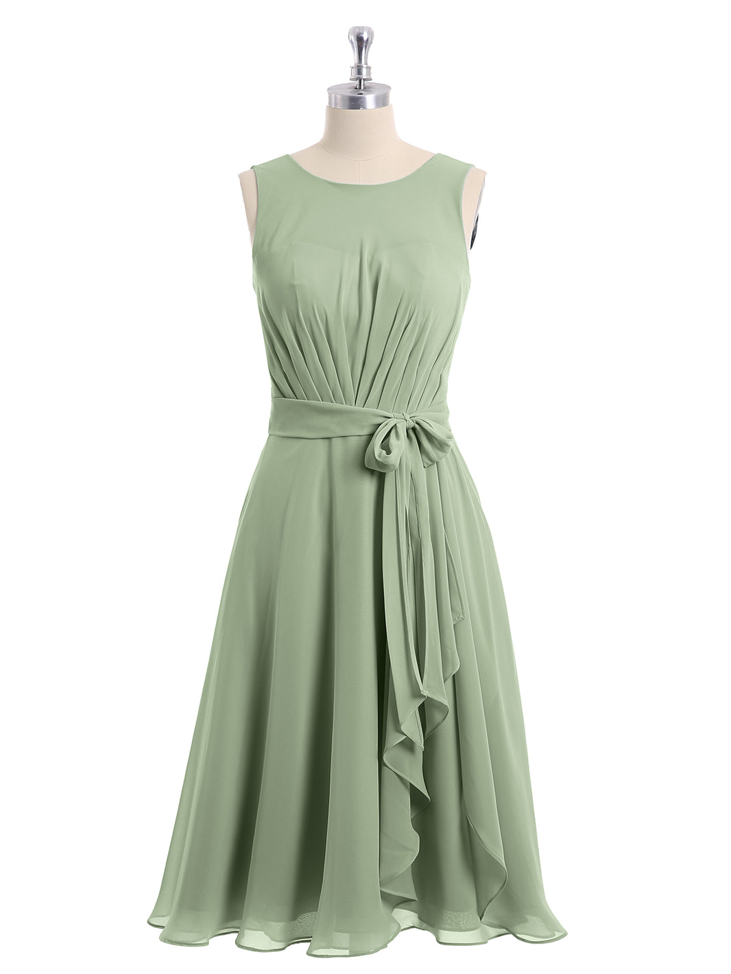 BABARONI Chiffon Dusty Sage Bridesmaid Dresses Scoop Knee-length Sleeveless Bow A-line, Dusty Sage / US0