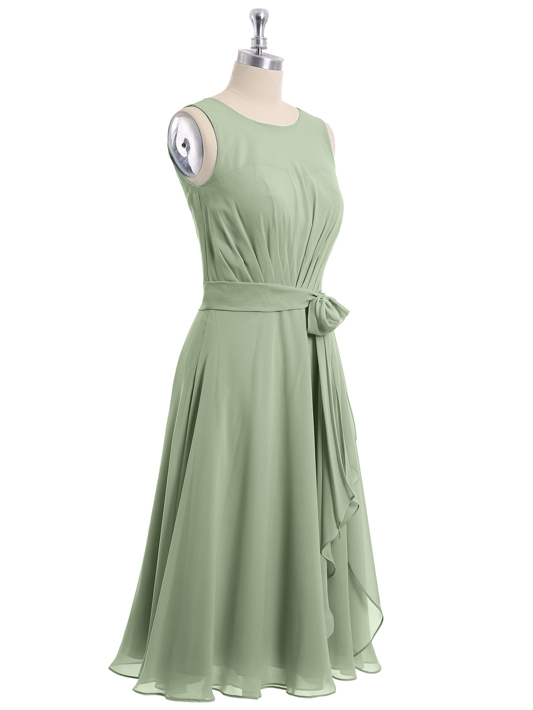 BABARONI Chiffon Dusty Sage Bridesmaid Dresses Scoop Knee-length Sleeveless  Bow A-line