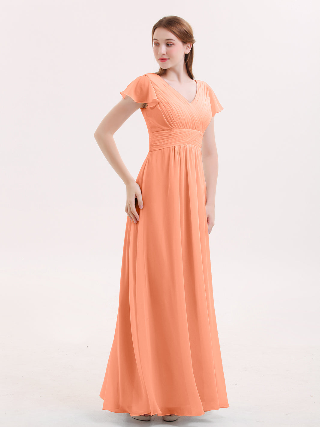 BABARONI Cap Sleeves Chiffon Long Bridesmaid Dress Papaya, Papaya / US0 BABARONI Cap Sleeves Chiffon Long Bridesmaid Dress Papaya, Papaya / US0