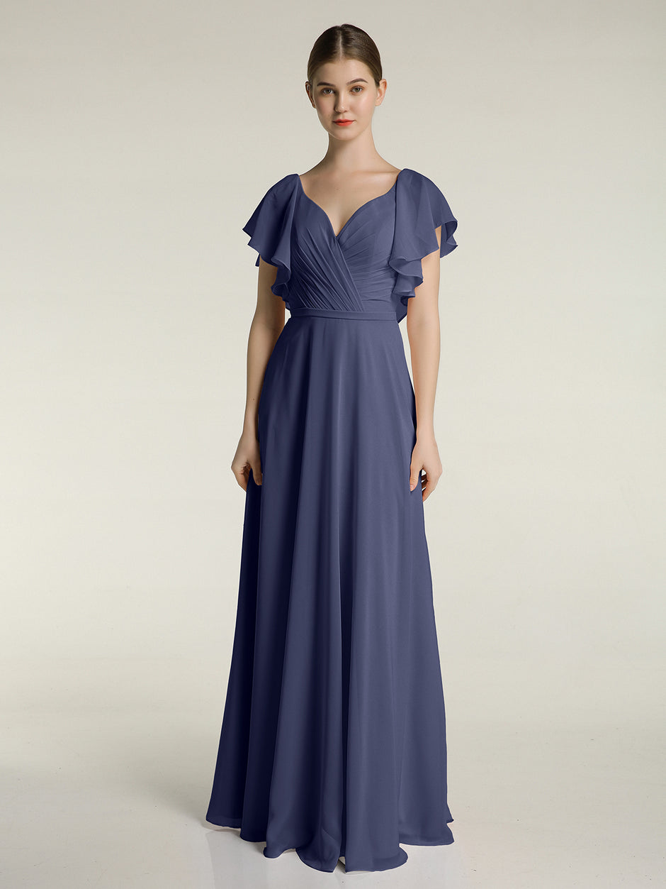 V-neck Simple Chiffon Full Length Dresses Peach Plus Size