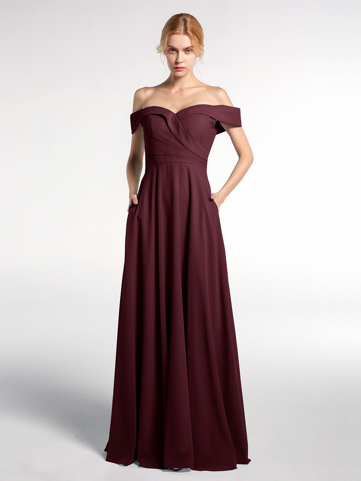 cabernet maxi dress BABARONI Off-the-Shoulder Circle Skirt Dress with Pockets-Cabernet, Cabernet / US0