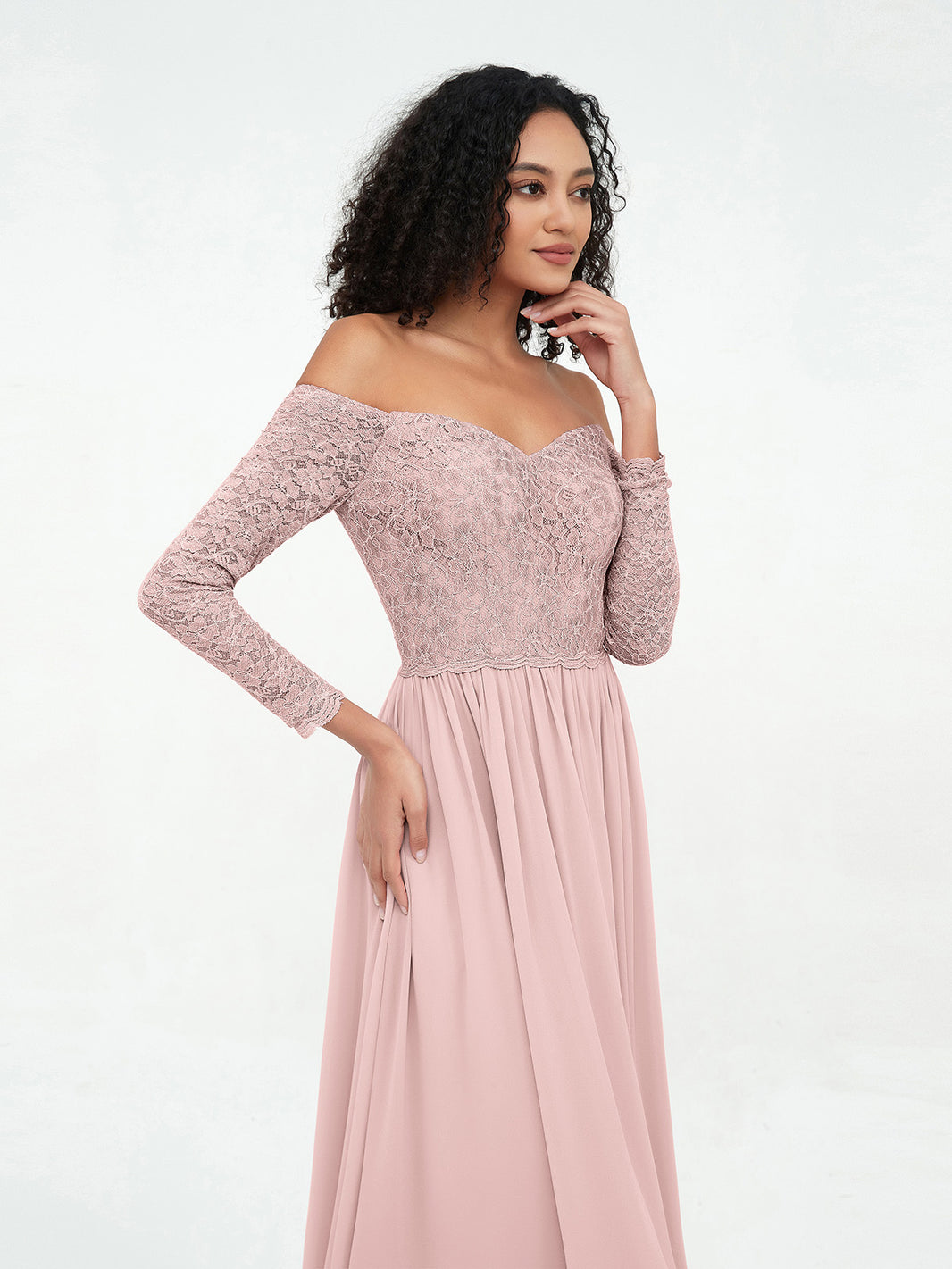 BABARONI Off Shoulder Lace Top Long Sleeves Dresses-Candy Pink, Candy Pink / US0