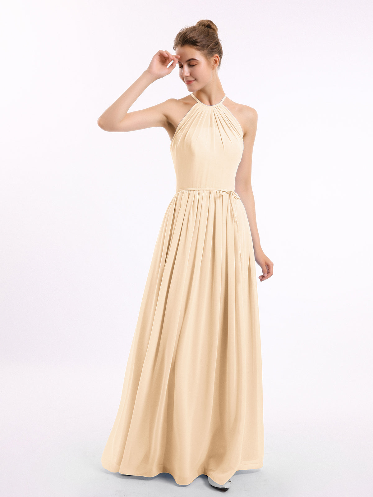 Halter High Neck Chiffon Bridesmaid Dress-Peach-Jodie | BABARONI