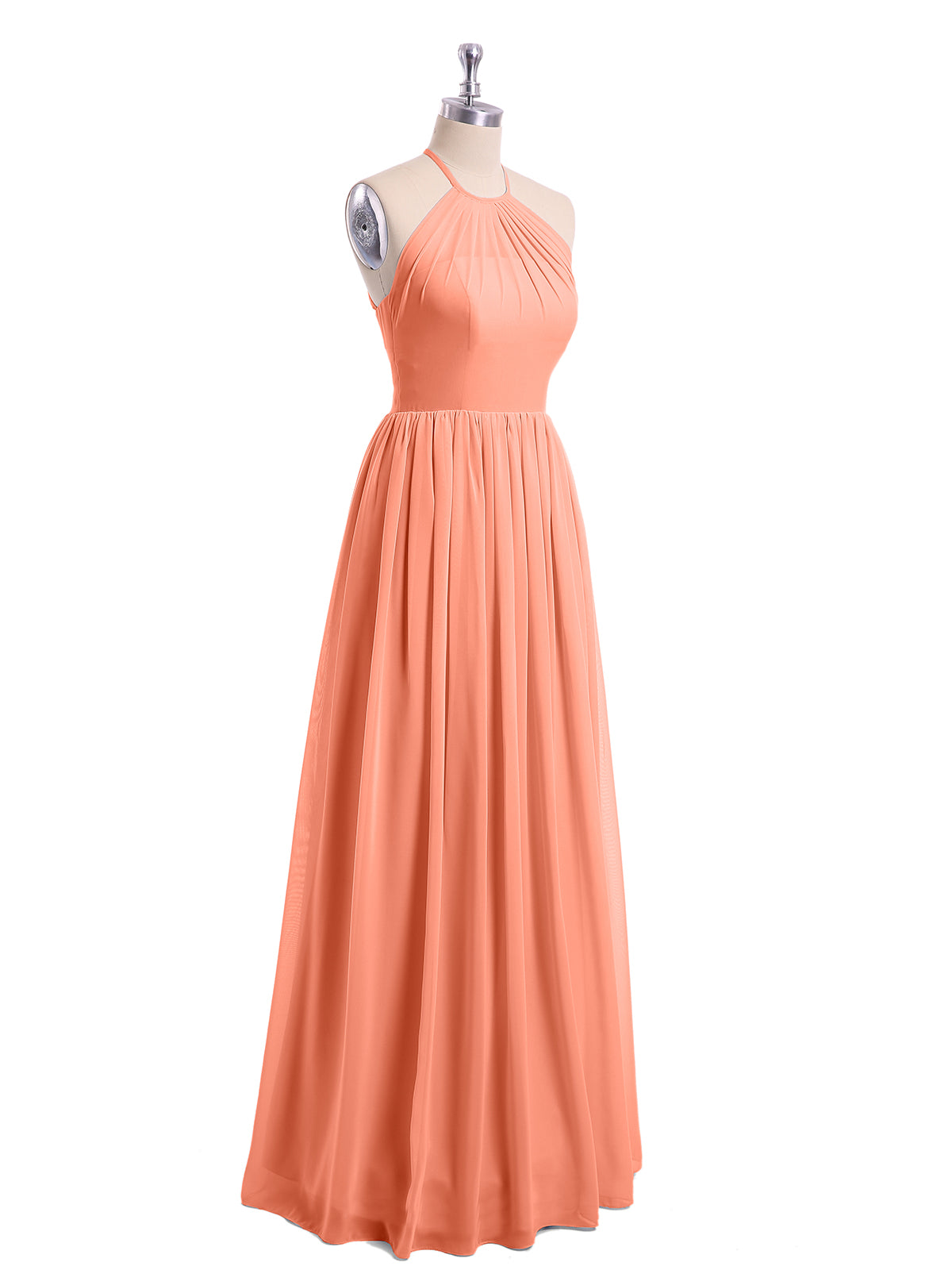Halter Neck Pleated Long Chiffon Junior Bridesmaid Dress Sunset