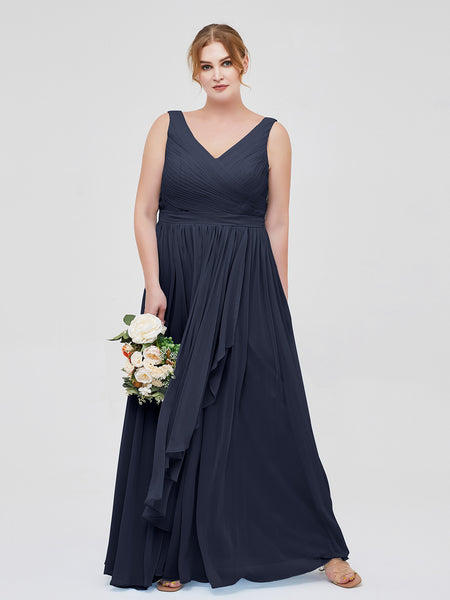 BABARONI Plus Size 2025 Chiffon V-neck Dress with Cascade Skirt-Dark Navy