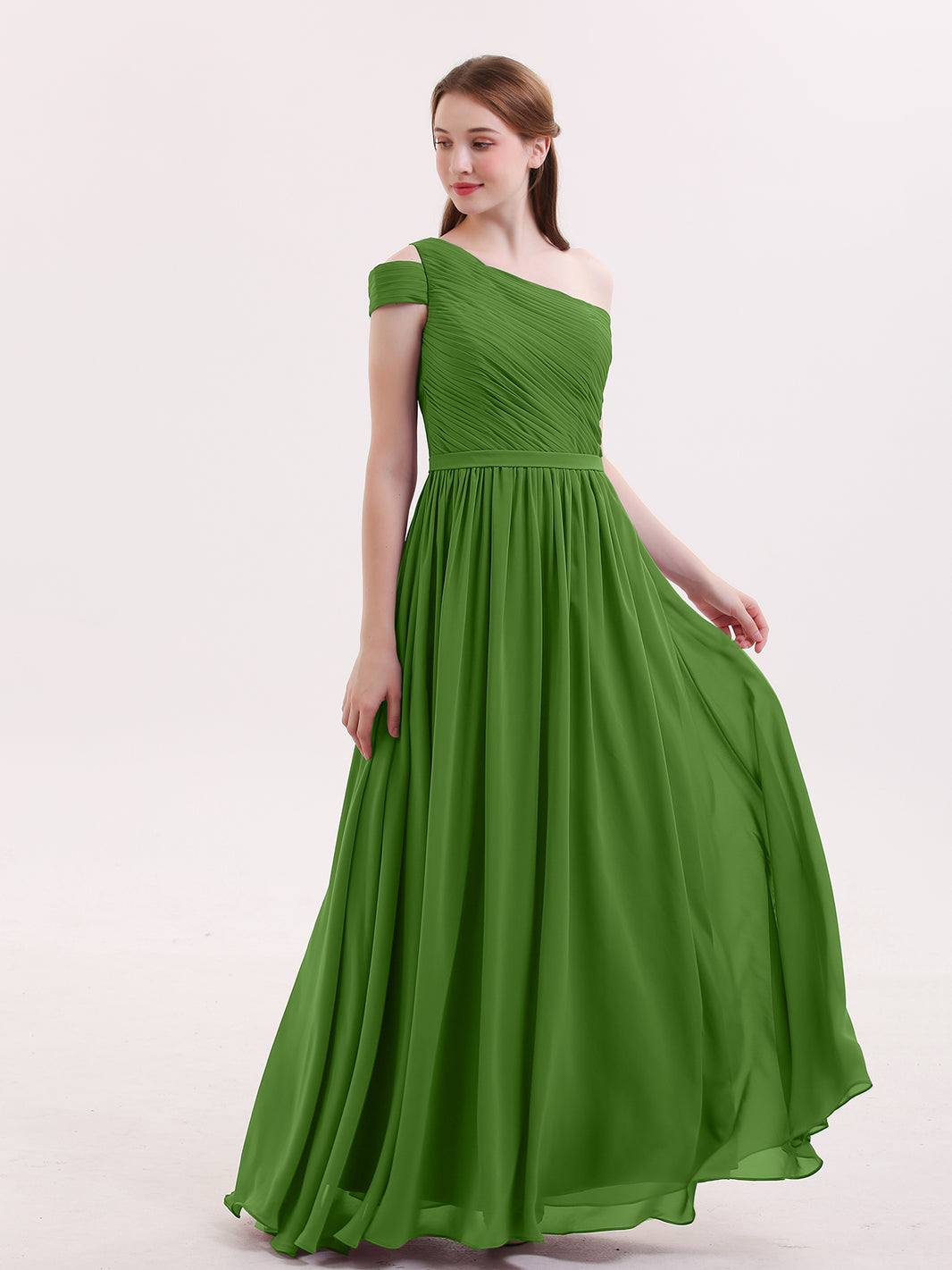BABARONI Chiffon Moss Bridesmaid Dresses One Shoulder Floor-length Short Pleated A-line, Moss / US18