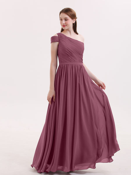 BABARONI Chiffon Mulberry Bridesmaid Dresses One Shoulder Floor-length  Short Pleated A-line
