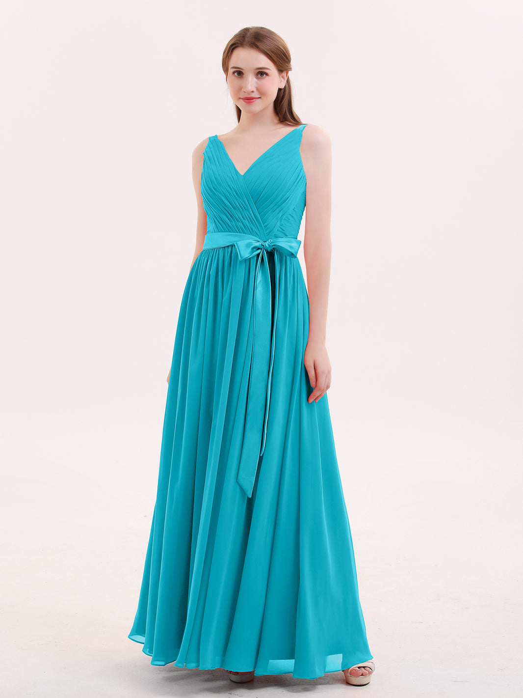 BABARONI V Neck Chiffon Bridesmaid Dress with Satin Sash Bow-Jade, Jade / US0