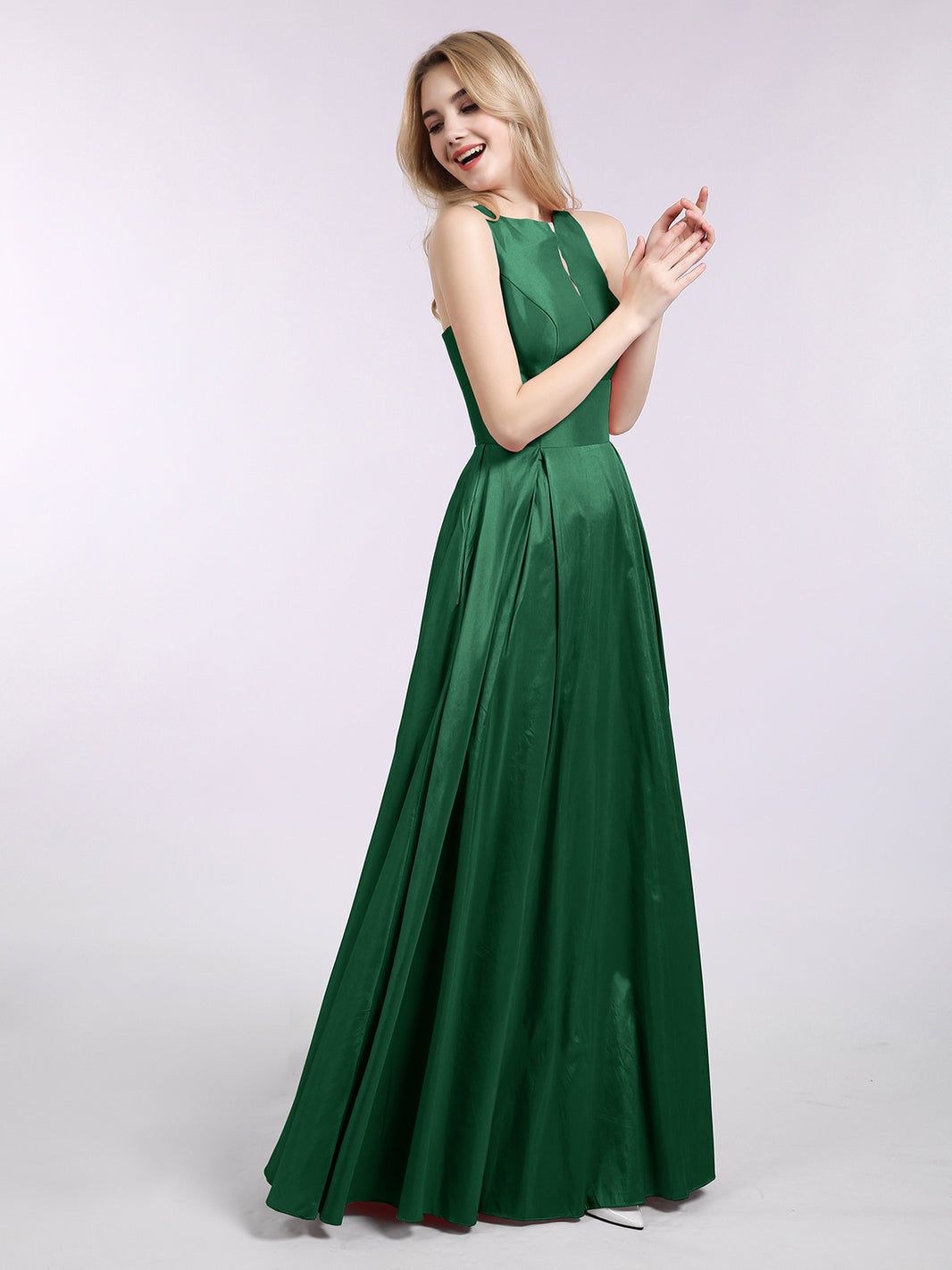 BABARONI Satin Dark Green Bridesmaid Dresses Scoop Floor-length Sleeveless  Pocket A-line