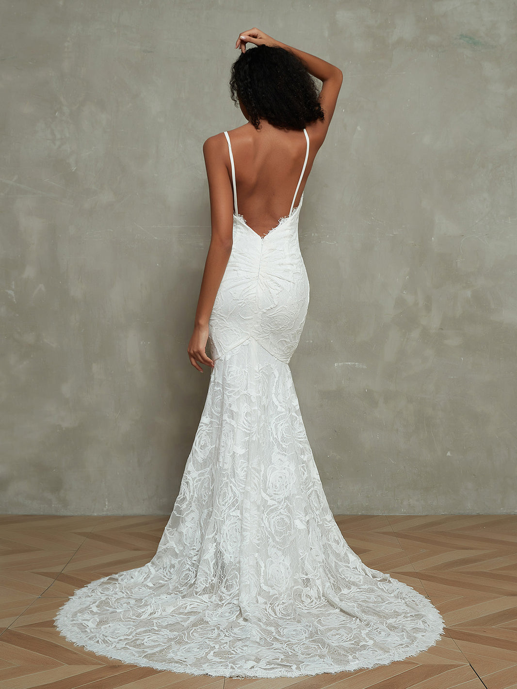 BABARONI Spaghetti Straps Mermaid Boho Lace Beach Wedding Dresses-Ivory, Ivory / US0