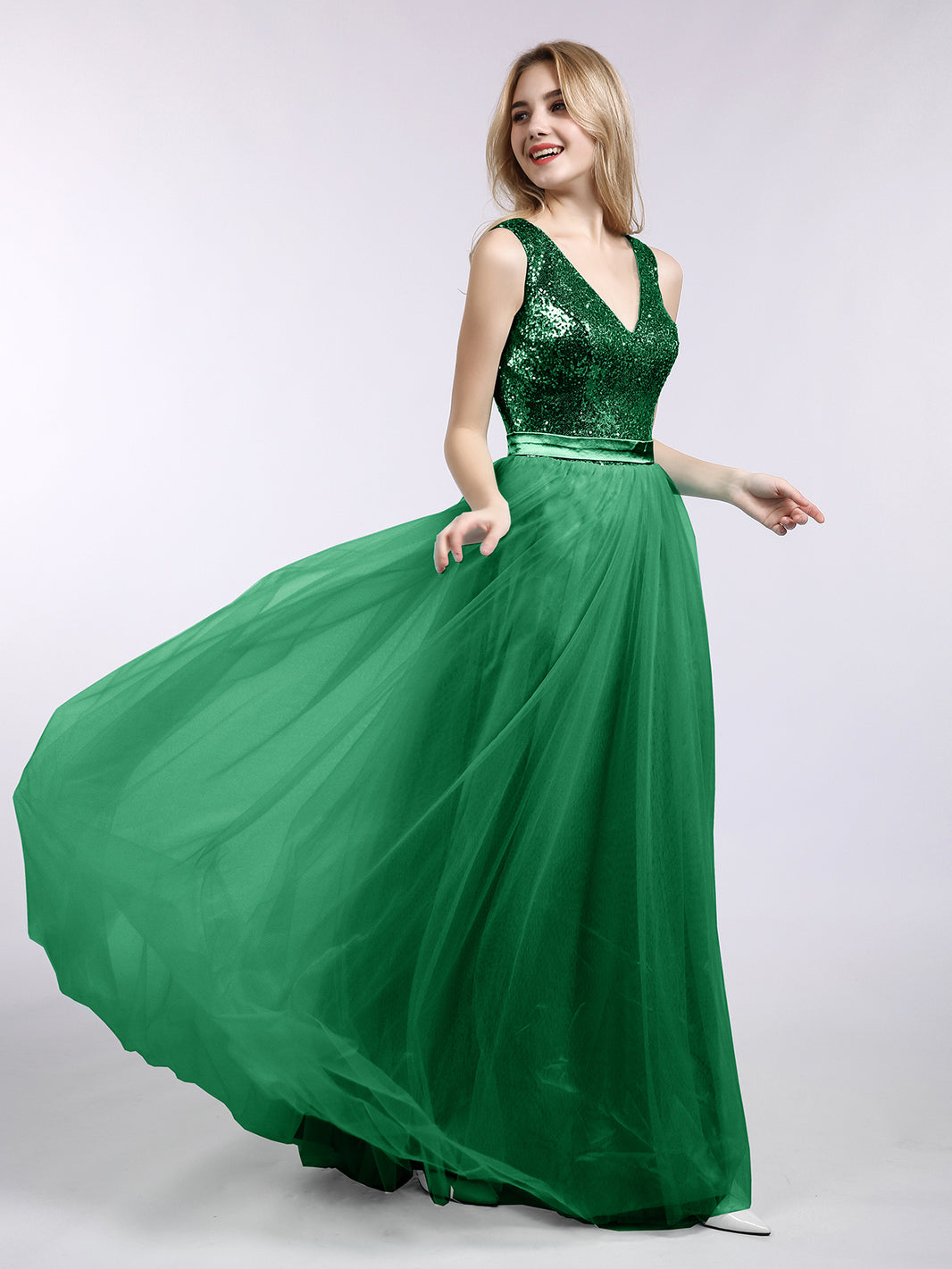 kelly green bridesmaid dresses BABARONI Sequin Dark V-neck Floor-length Sleeveless Pleated A-line, Dark Green / US0 fully lined strapless bridal corset One Shoulder Cape Sleeve Length:Reg.