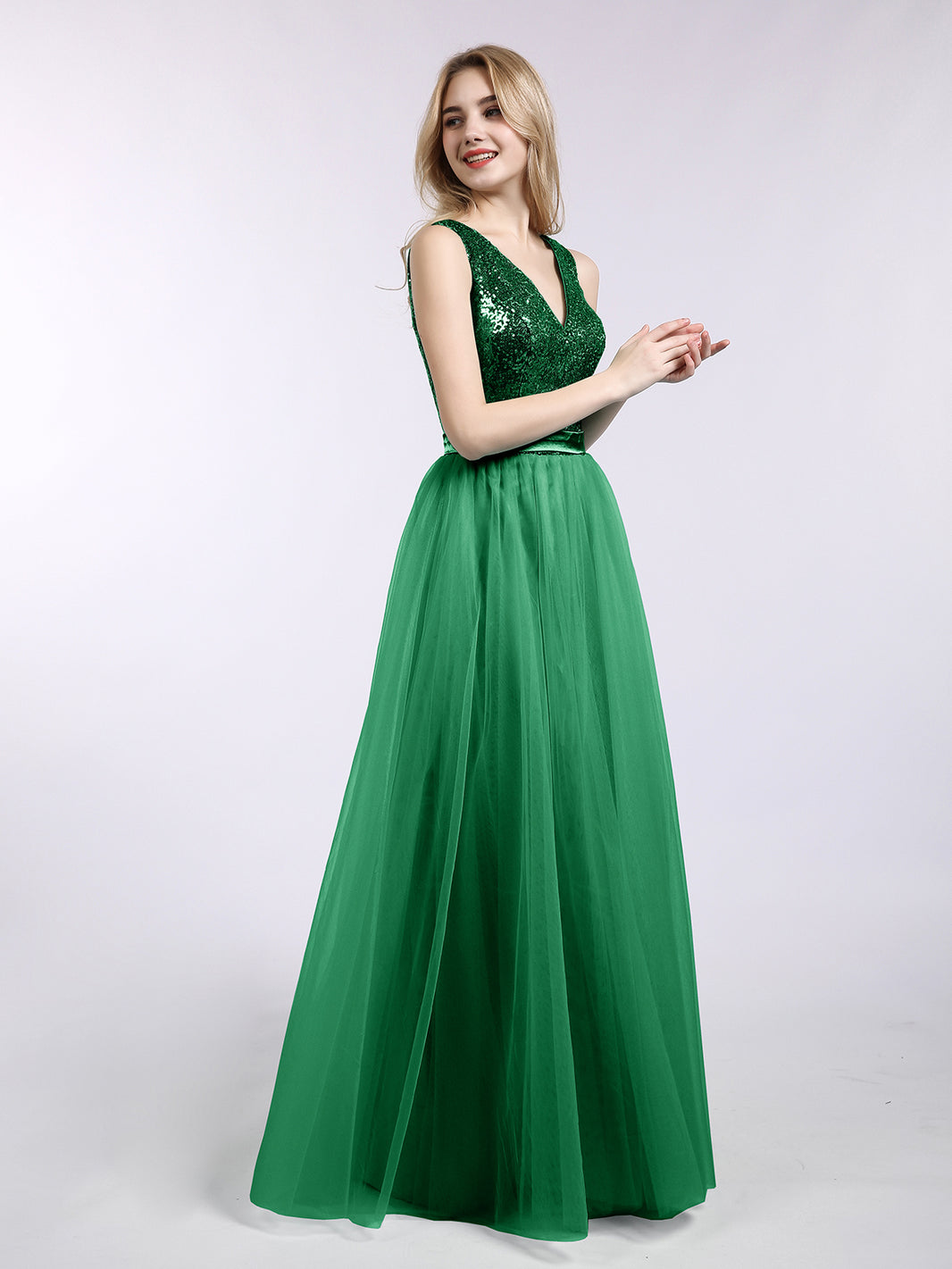 BABARONI Sequins and Tulle Long Dress with V-Neck-Dark Green, Dark Green / US0 BABARONI Sequins and Tulle Long Dress with V-Neck-Dark Green, Dark Green / US0