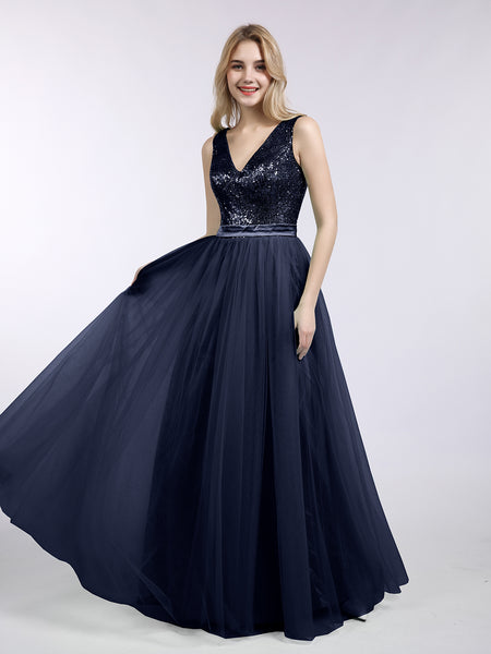 BABARONI Sequins and Tulle Long Dress with V-neck-Dark Navy, Dark Navy / US0