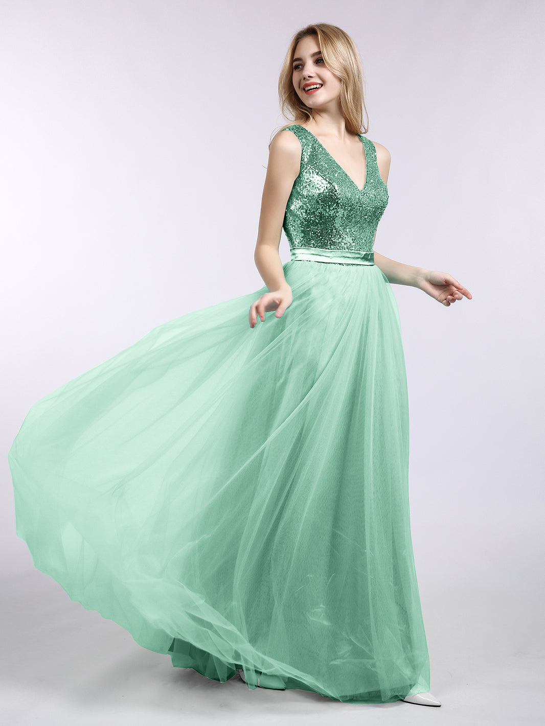 BABARONI Sequins and Tulle Long Dress with V-neck-Mint Green Plus size, Mint Green / US18