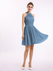 BABARONI Chiffon Slate Blue Bridesmaid Dresses Halter Short/Mini Sleeveless Belt A-line, Slate Blue / US0
