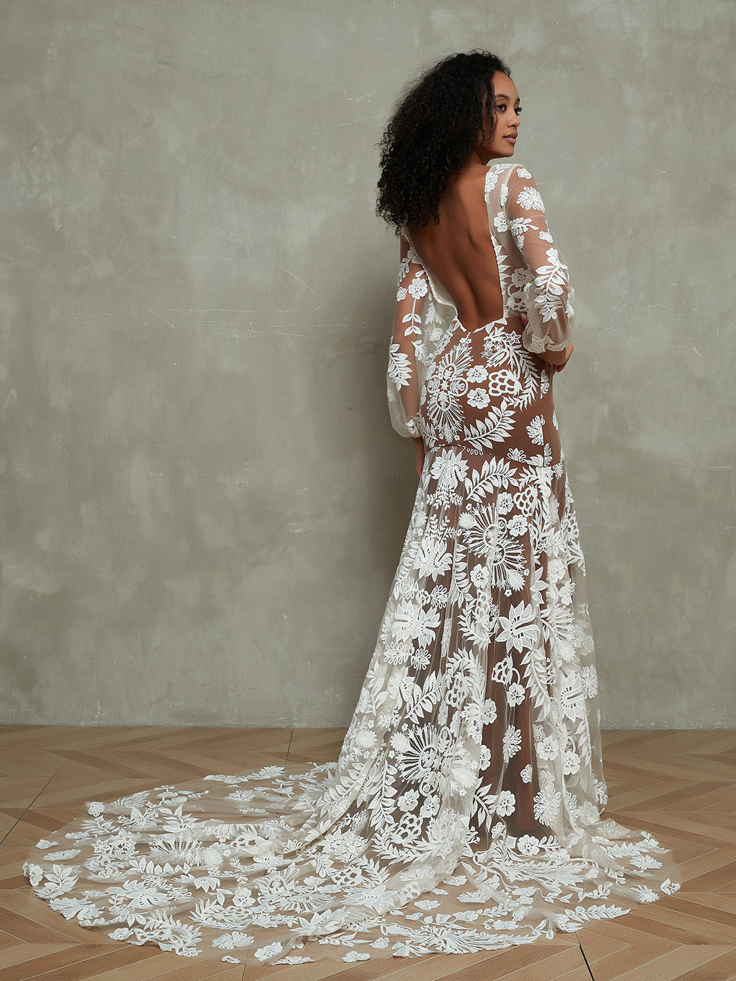 BABARONI Lace Ivory Wedding Dresses Mermaid V-neck Long Sleeve Chapel Train Backless BABARONI Lace Ivory Wedding Dresses Mermaid V-neck Long Sleeve Chapel Train Backless
