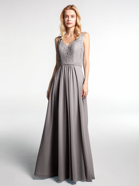 BABARONI Lace Bodice Chiffon Skirt Maxi Dress with V-Neck-Silver, Silver / US0