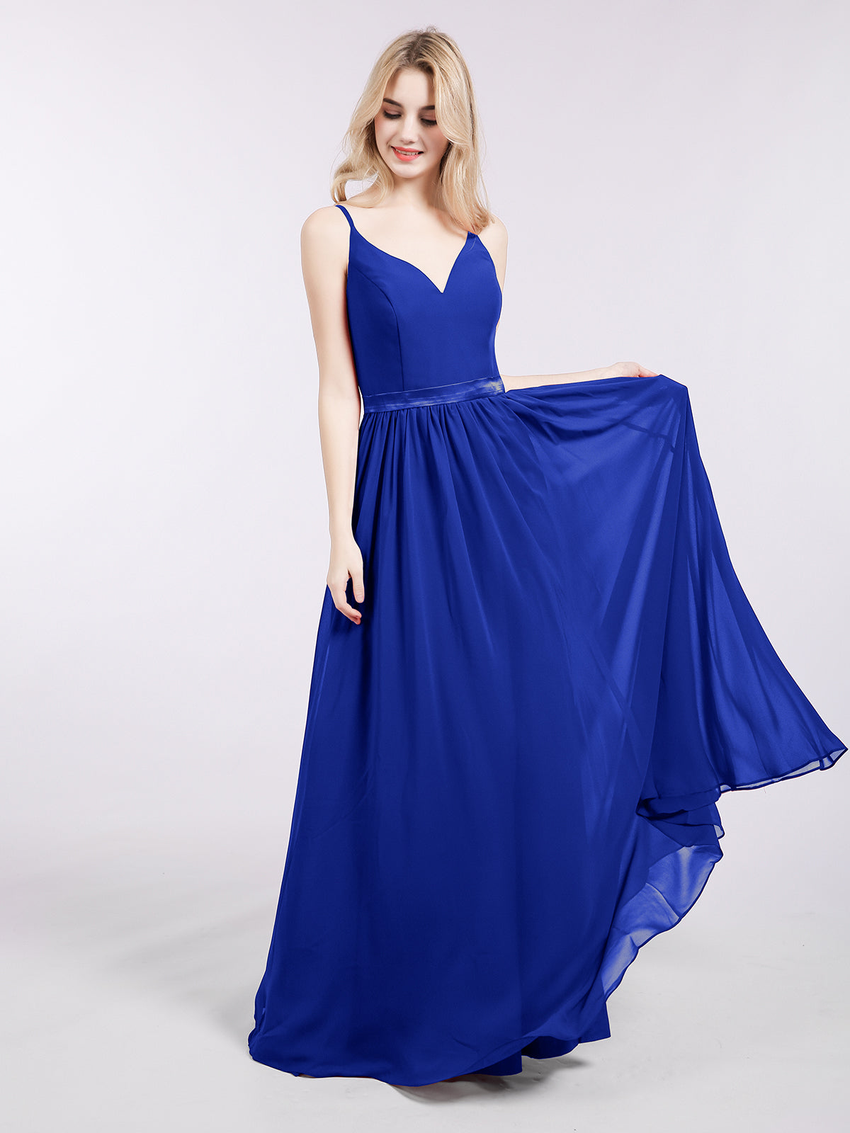 Spaghetti Strap Chiffon Bridesmaid Dress-Royal Blue-Leona | BABARONI