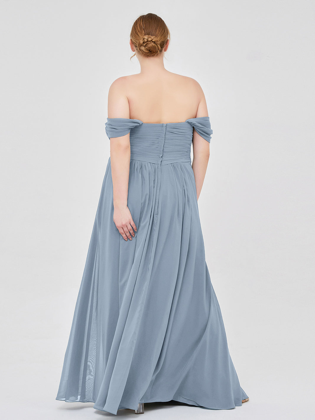 blue dress for baby girl BABARONI Chiffon Dusty Blue Bridesmaid Dresses Off-the-shoulder  Floor-length Cap Sleeve Ruched Empire