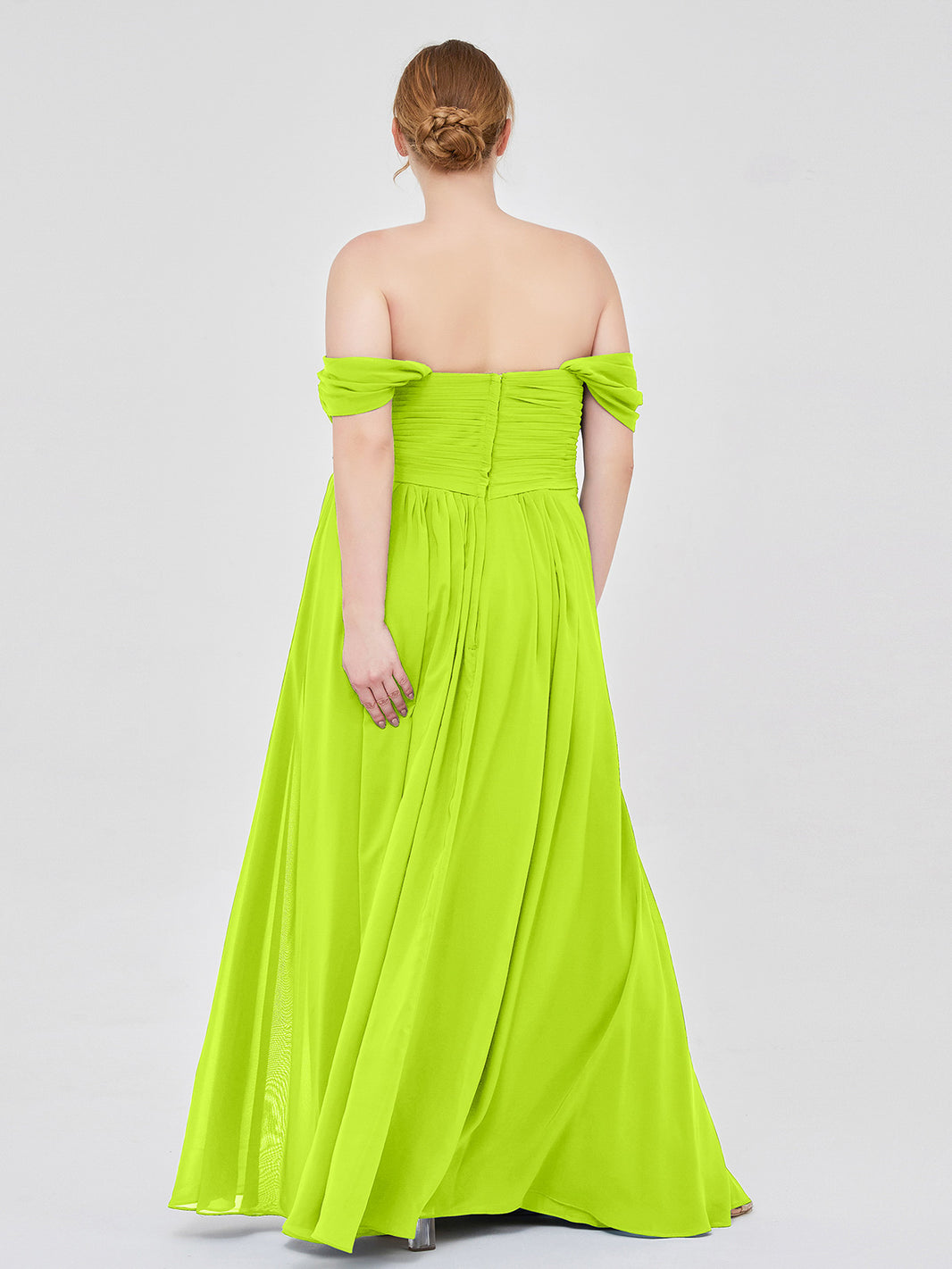 BABARONI Chiffon Lime Green Bridesmaid Dresses Off-the-shoulder  Floor-length Cap Sleeve Ruched Empire