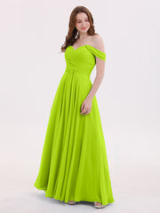 BABARONI Chiffon Lime Green Bridesmaid Dresses Off-the-shoulder Floor-length Cap Sleeve Ruched Empire, Lime Green / US0