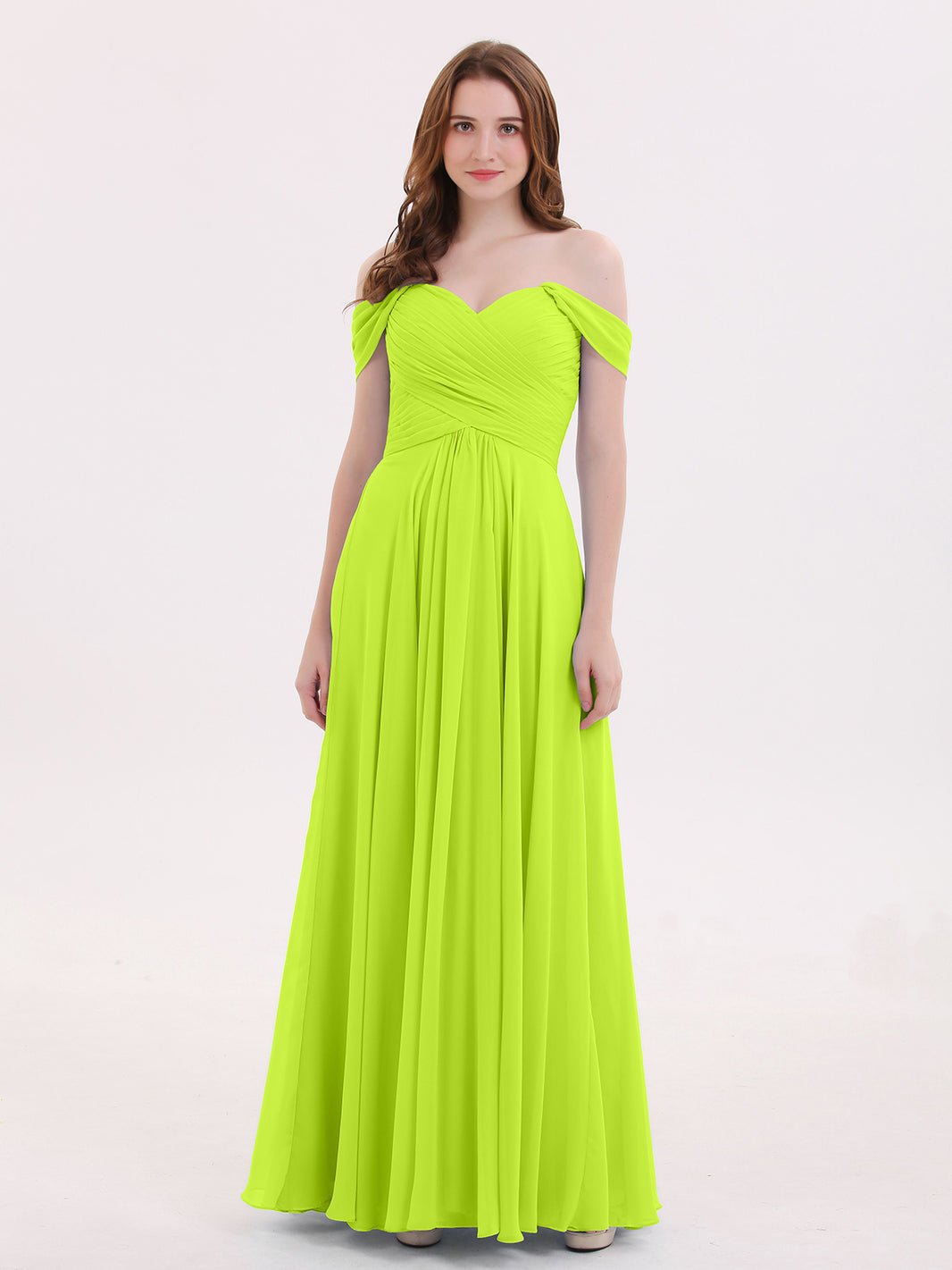 BABARONI Chiffon Lime Green Bridesmaid Dresses Off-the-shoulder Floor-length Cap Sleeve Ruched Empire, Lime Green / US0