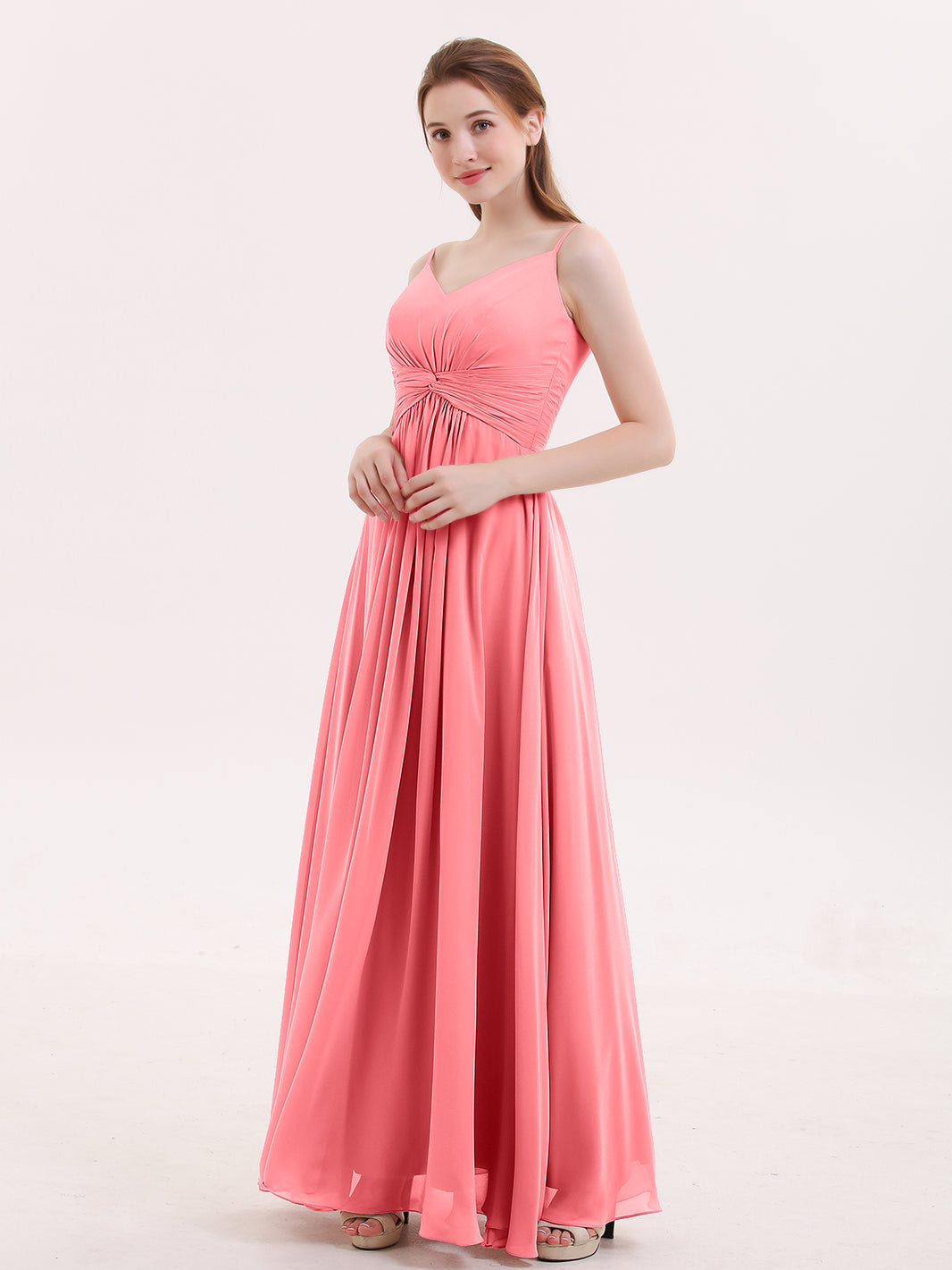 BABARONI Chiffon Watermelon Bridesmaid Dresses V-neck Floor-length  Spaghetti Straps Ruched Empire