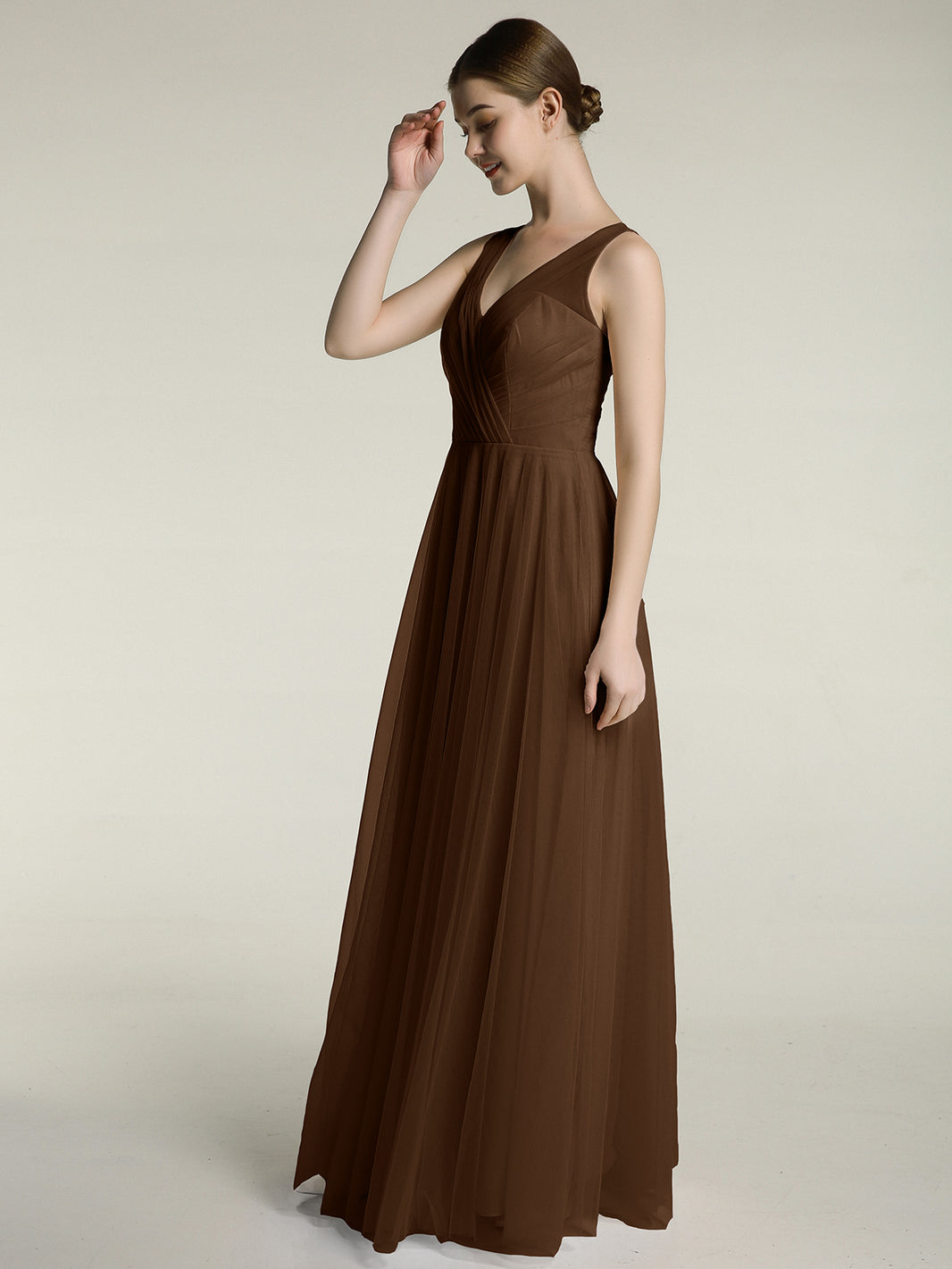 the lorelei ruched bodice dress BABARONI BABARONI Tulle Brown Bridesmaid Dresses V-neck Floor-length Sleeveless Pleated A-line, Brown / US0