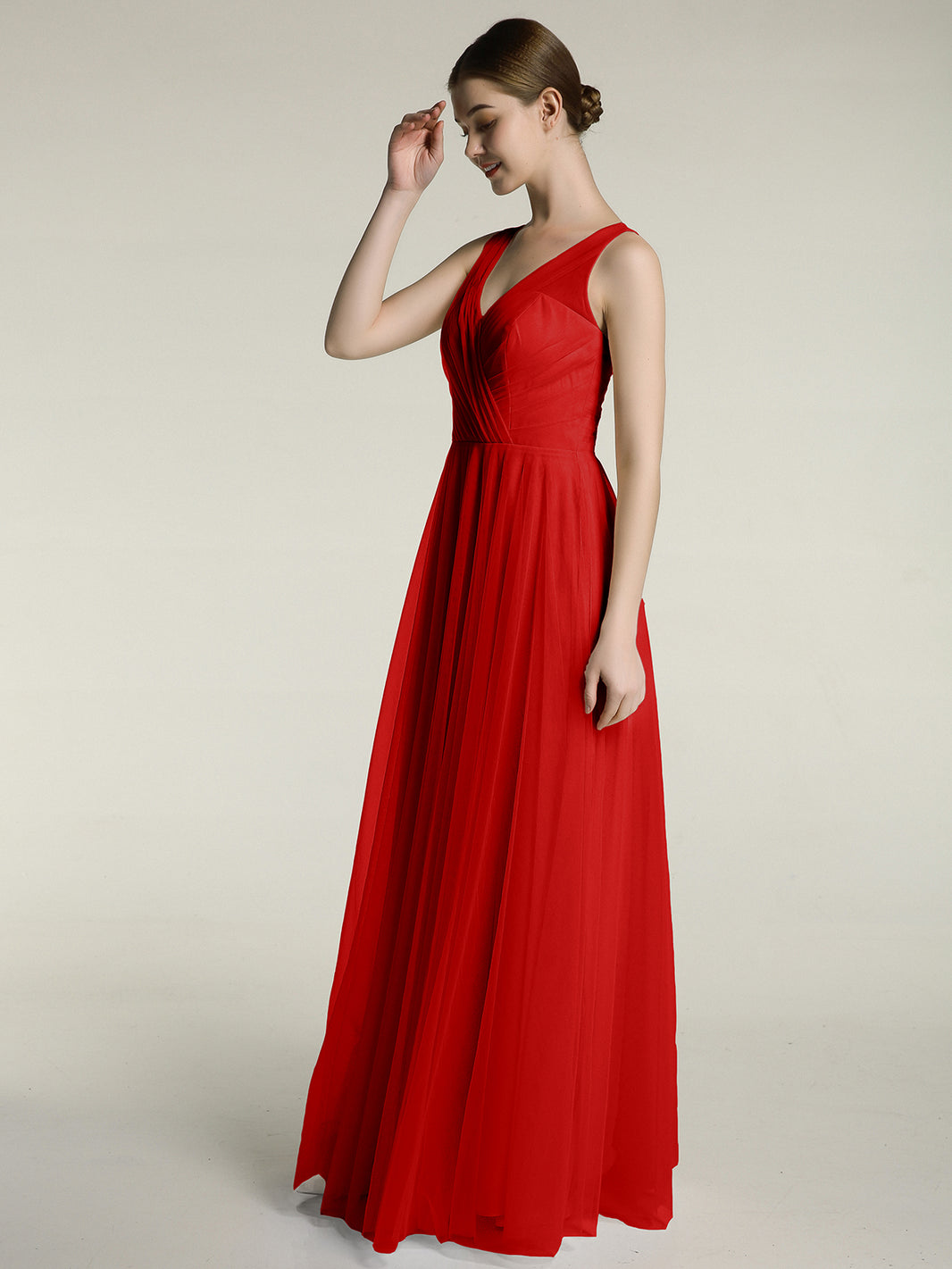 the lorelei ruched bodice dress BABARONI BABARONI Tulle Red Bridesmaid Dresses V-neck Floor-length Sleeveless Pleated A-line, Red / US0