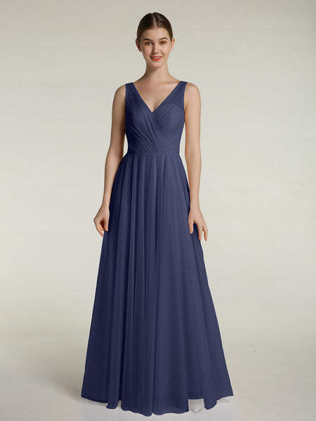 the lorelei ruched bodice dress BABARONI BABARONI Tulle Stormy Bridesmaid Dresses V-neck Floor-length Sleeveless Pleated A-line, Stormy / US0