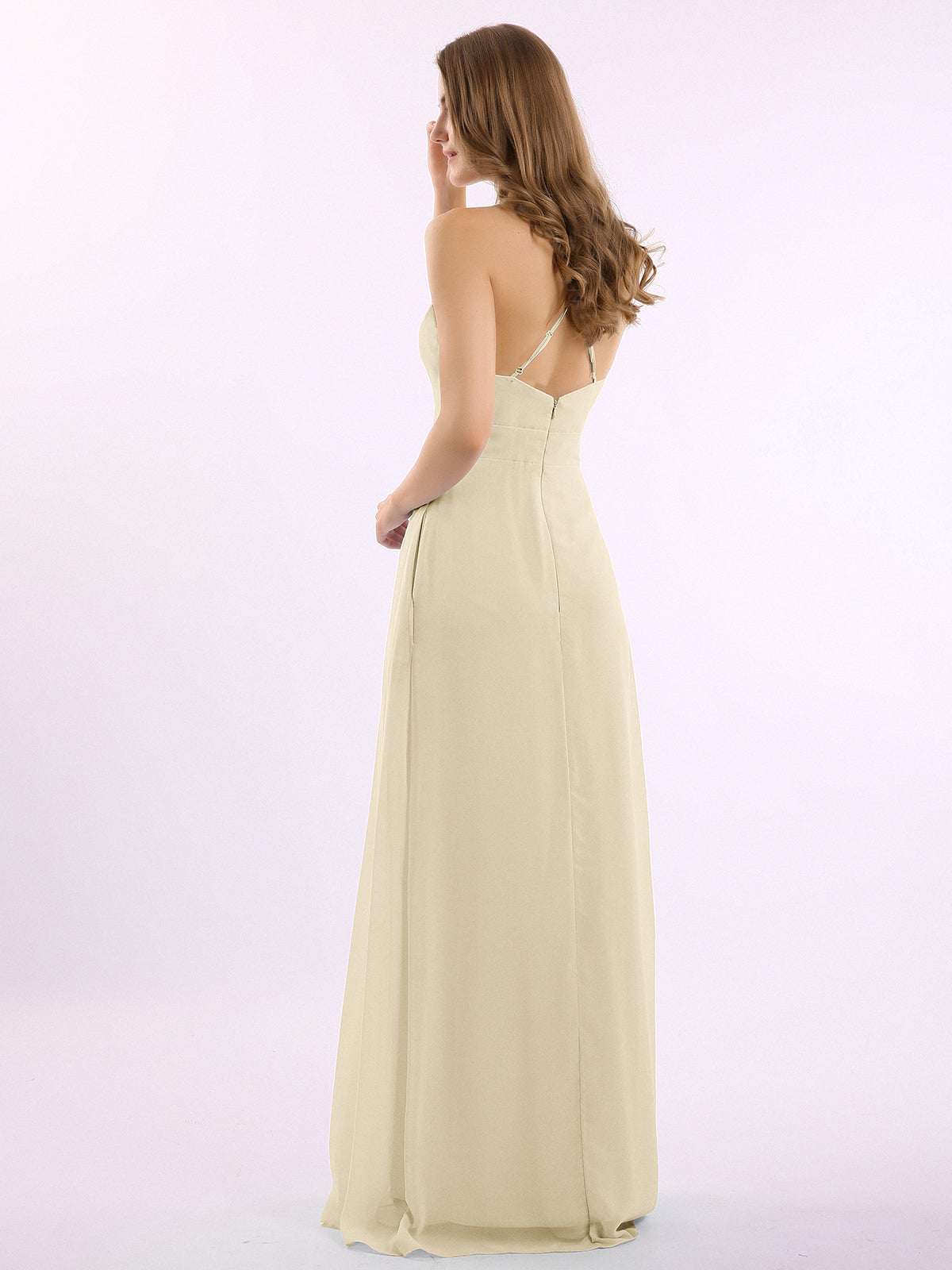 Spaghetti Straps V-neck Ruched Chiffon Dress Champagne Plus Size main image 0