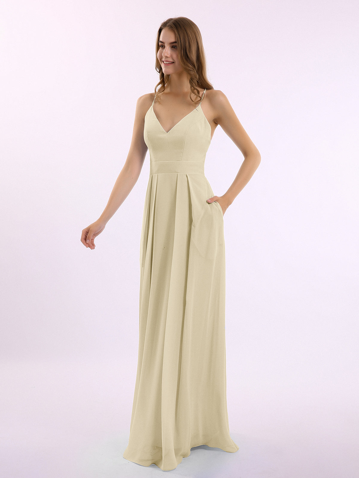 Spaghetti Straps Chiffon Max Dress with Sash Bow Champagne Plus Size