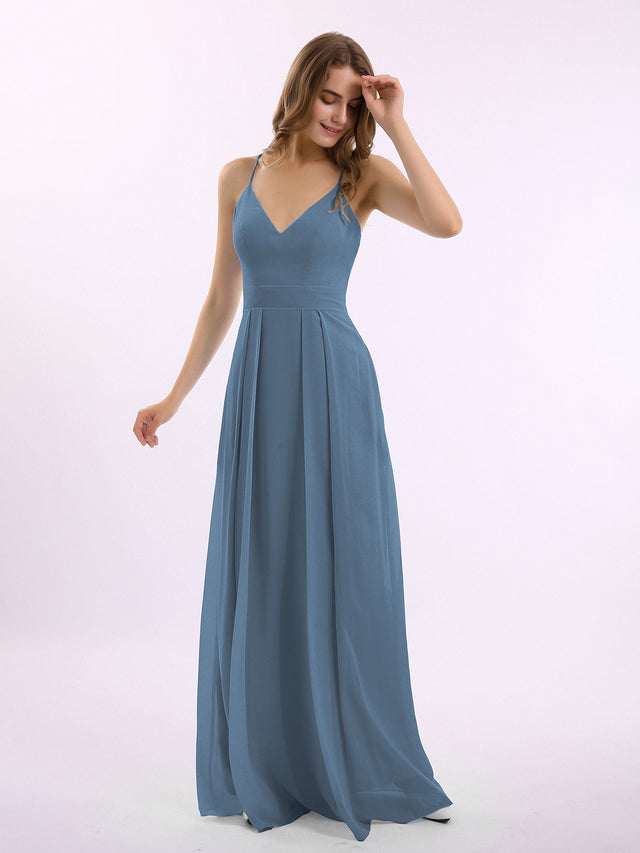 Spaghetti Strap Chiffon Gowns with Pockets and V Neck Tangerine Plus Size