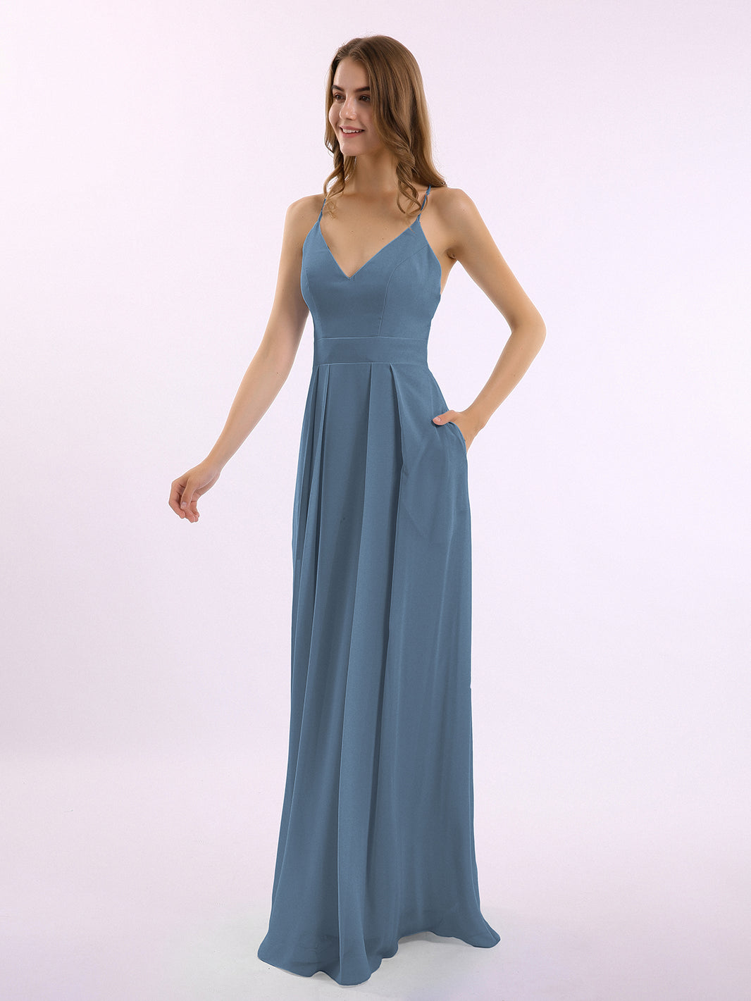 Spaghetti Strap Chiffon Gowns with Pockets and V Neck Dark Navy main image 0