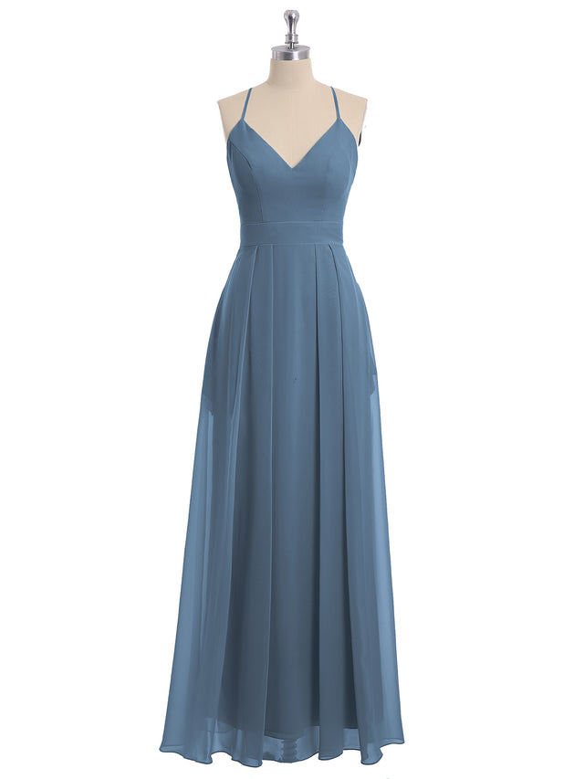 Deep V-neck Chiffon Dresses With Spaghetti Straps Blue