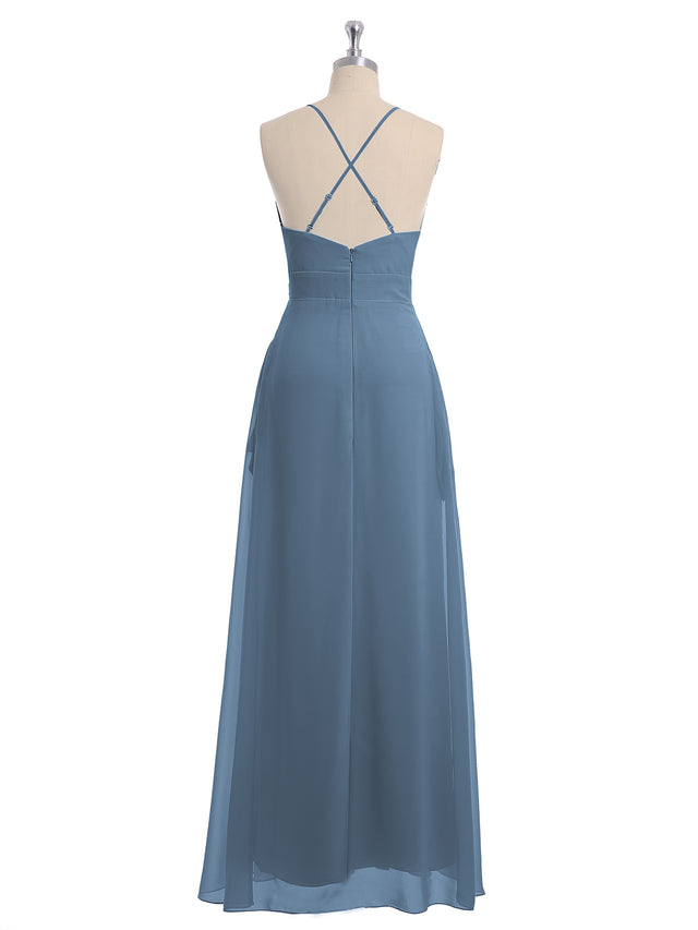 BABARONI Chiffon Slate Blue Bridesmaid Dresses V-neck Floor-length ...