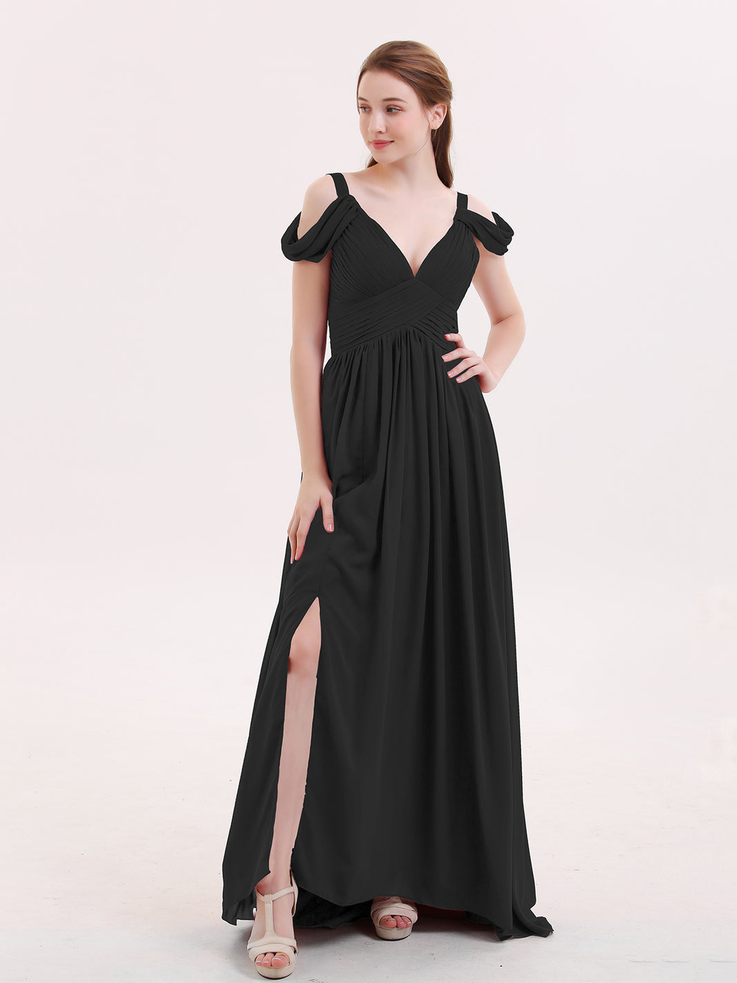 BABARONI Deep V Neck Sexy Chiffon Dress with Slit-Black, Black / US0