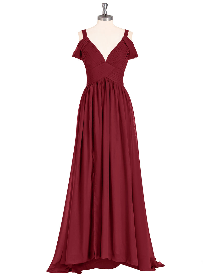 V-neck Chiffon Dress with Back Hem Slit Burgundy