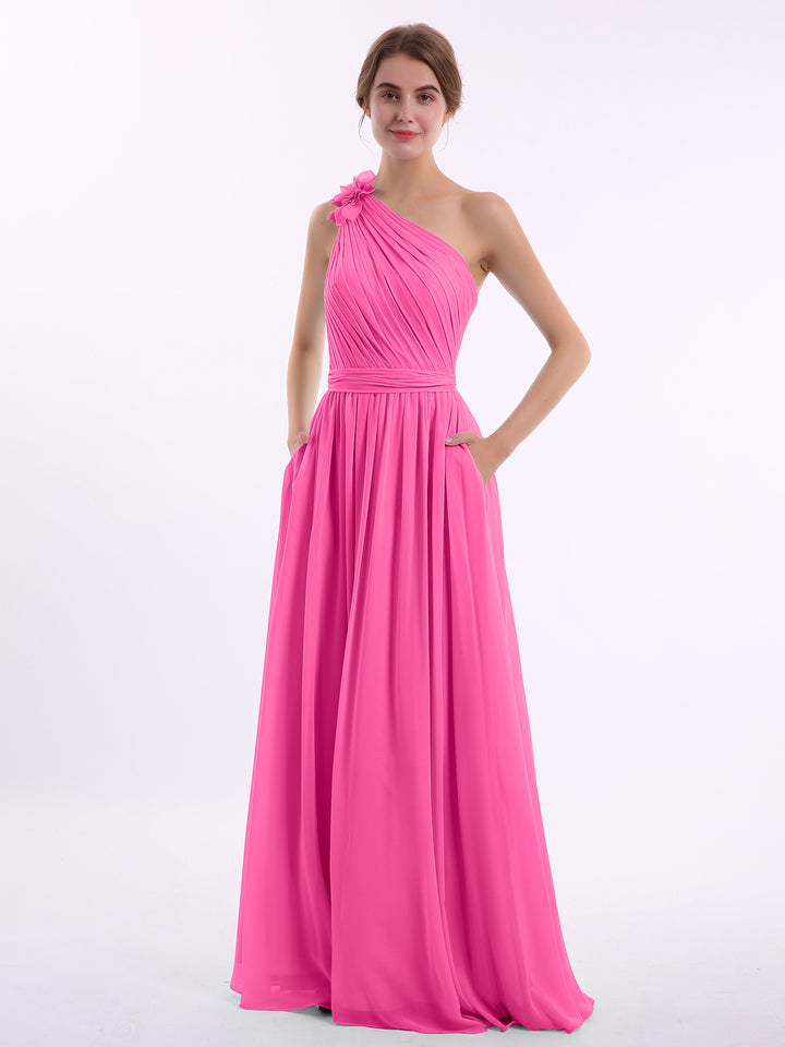 Long Chiffon Dress with One Ruffle Shoulder Azalea