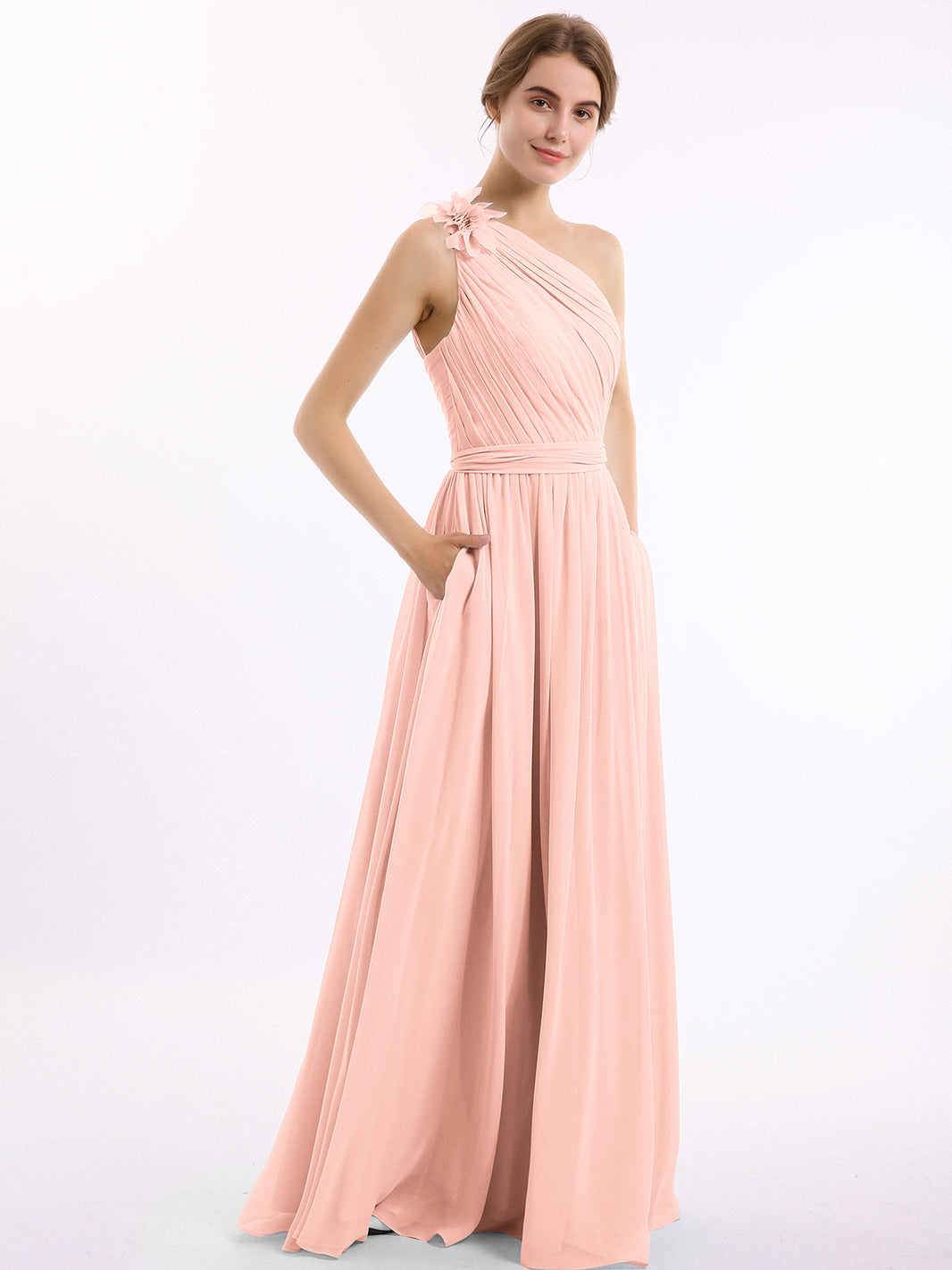 coral one shoulder maxi dress BABARONI One Flower Shoulder Chiffon Dresses with Pocket Coral, Coral / US0